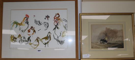 W. Belfield c.1830 Ship off the coast, 19 x 25cm, and a Howard Cook watercolor of Bantam chickens, 30 x 44cm